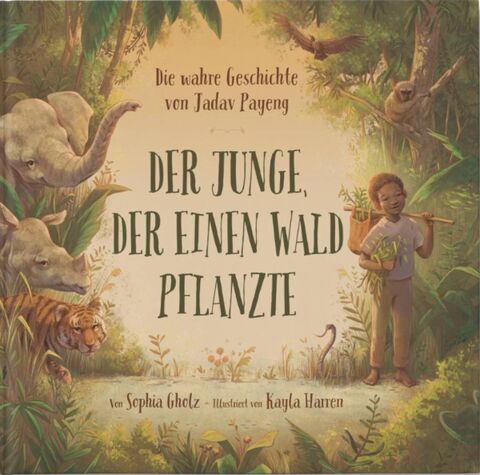 Illustratieon Junge mit Pflanzen in Tragetasche im Dschungel